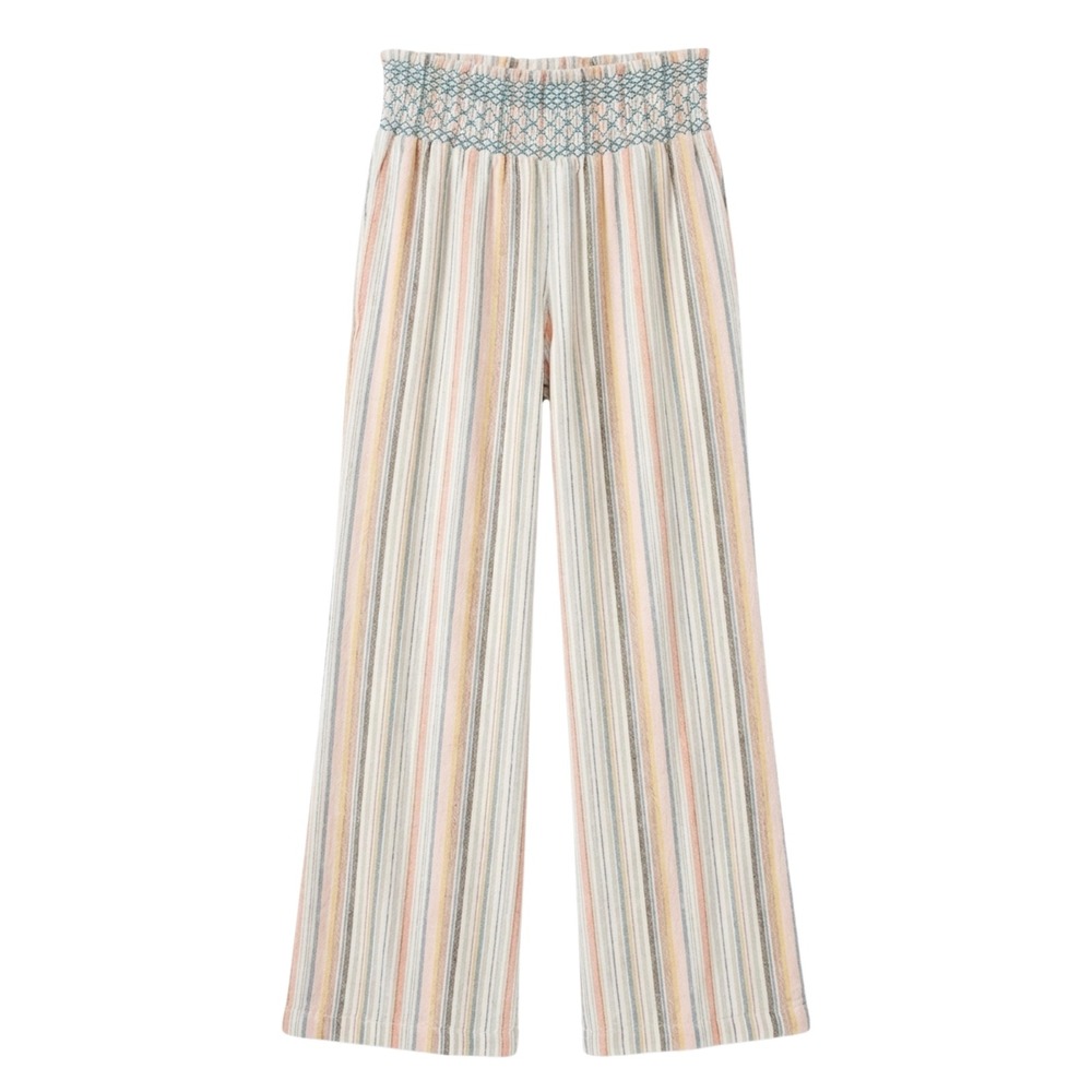 Rocks & Indigo Striped Wide Leg Linen Blend Smocked Waist Pants Medium B1104C